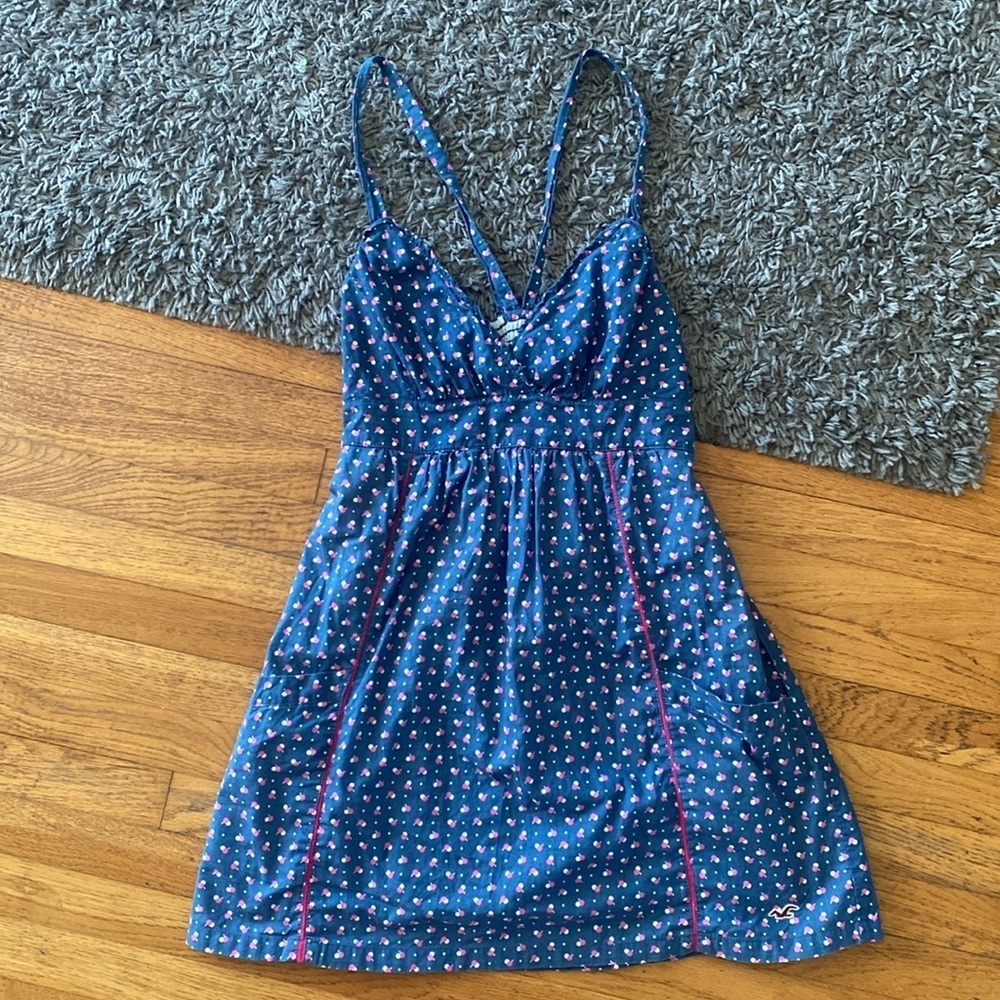 Hollister Navy Blue Pink White Polka Dot Mini Racerback Dress Size Medium - Picture 5 of 11